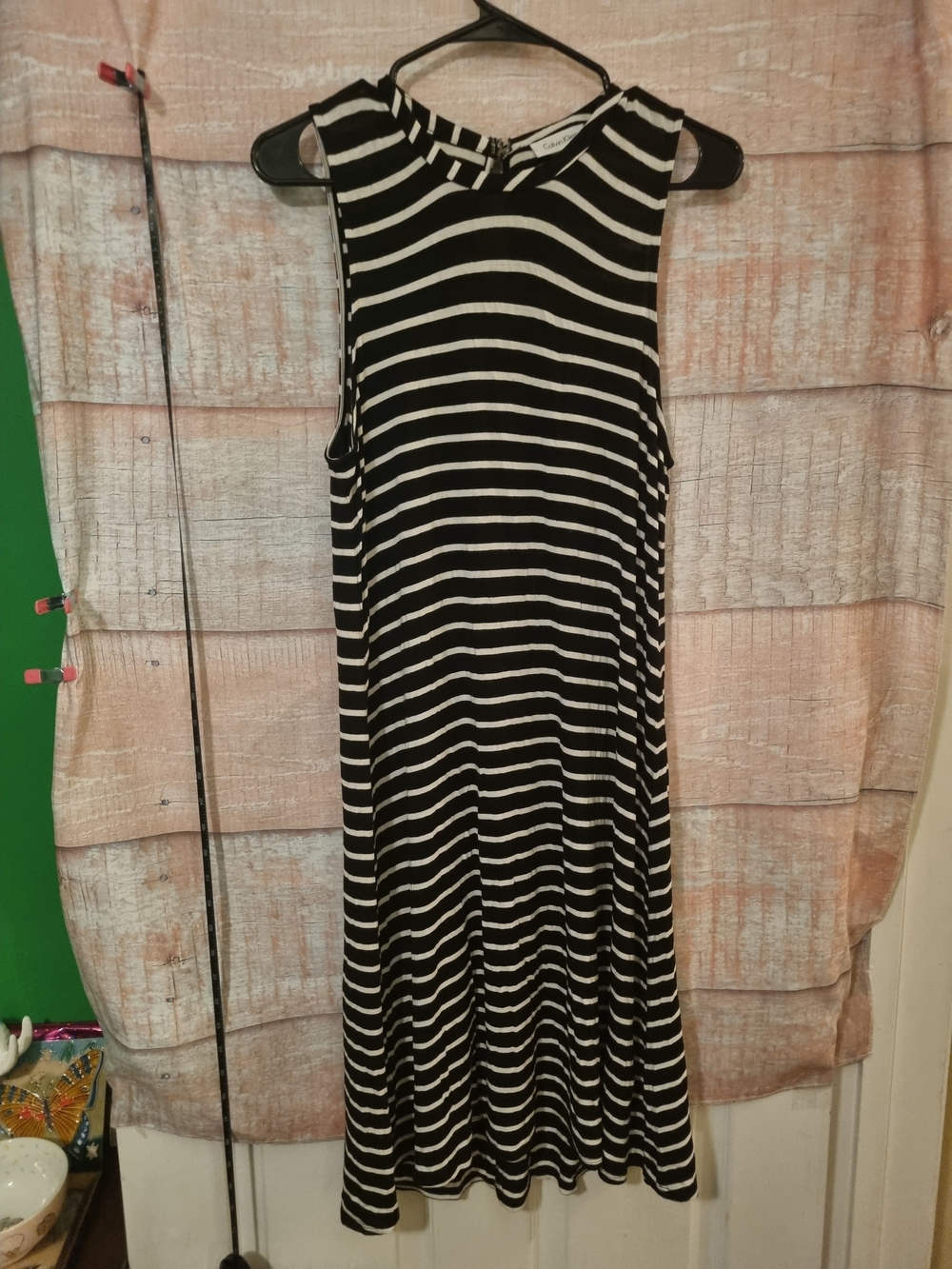 Calvin Klein Black and White Striped Sleeveless Midi Dress